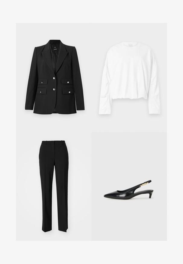 Melnās žaketes izstrādājums, kas izgatavots no gludas auduma, ar izgrieztu apkakli, divām pogu aizdariem un divām frontālām kabatām ar spīdīgām sudraba pogām.; Balts, garām piedurknēm, cropped sporta krekls ar apaļu kakla izgriezumu un mīkstu kokvilnas materiālu. Piedāvā nedaudz savilktus piedurkņu galus un gludu tekstūru.; Melnas pielāgotas bikses ar taisnu kāju dizainu, kas raksturojas ar gludu faktūru un asiem krokām pa priekšu. Nav redzamu metāla detaļu.; Melnas ādas slingback zābaki ar smailu purngalu, ar šauru papēdi un zelta krāsas akcentu uz regulējama siksniņas. Gluda tekstūra.
