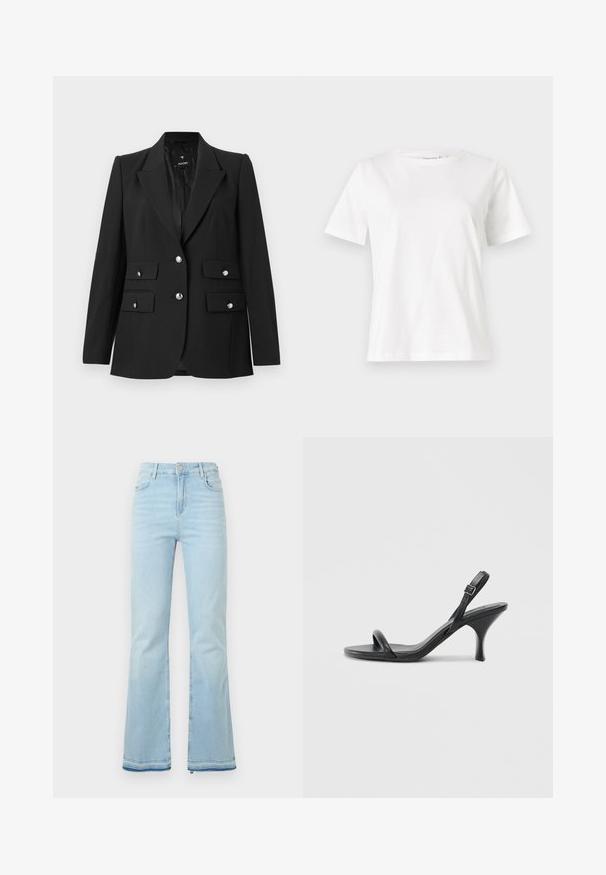Blazer nero realizzato in tessuto liscio, dotato di colletto a revers, chiusura con due bottoni e due tasche frontali a toppa con bottoni argentati lucidi.; T-shirt bianca in cotone con maniche corte, scollatura rotonda e vestibilità rilassata. Struttura liscia, senza motivi né accenti, design minimalista.; Jeans flare azzurri in denim, caratterizzati da una vita alta, tasche anteriori e un orlo grezzo ai polsini per un look casual.; Sandali con tacco alto in pelle nera, con tacco sottile e curvo e design a fascia incrociata. Cinghia alla caviglia regolabile. Texture liscia.