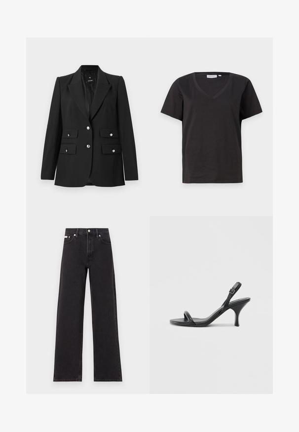 Black blazer made of smooth fabric, featuring a notched collar, two button closures, and two front flap pockets with shiny silver buttons.; Black cotton T-shirt with a V-neck and short sleeves. Simple design with a regular fit and no patterns or accents.; Black wide-leg jeans made of denim, featuring a high-rise waist, five-pocket styling, and a metal button closure with contrasting stitching.; Black leather high-heeled sandals with a slim, curved heel and a crossed strap design. Adjustable ankle strap. Smooth texture.