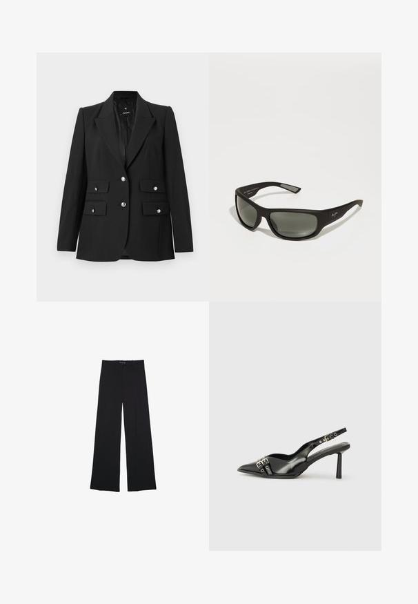 Černá sako z hladkého materiálu, s klopovým límcem, dvěma knoflíkovými zapínáními a dvěma předními kapsami s klopami a lesklými stříbrnými knoflíky.; Černé tričko s dlouhými rukávy, bílé horizontální pruhy, jemná struktura a kulatý výstřih. Přiléhavý střih s rovním lemem.; Černé široké kalhoty vyrobené z hladké tkaniny. Disponují klasickým střihem, předními kapsami a pasem s knoflíkovým zapínáním.; Černá lakovaná slingback obuv s špičatou špičkou, kotníkovými pásky s kovovými sponami a příslušenstvím, a štíhlým podpatkem.; Černé sluneční brýle s matným povrchem, šedými tónovanými skly, širokým rámem a diskrétním brandingem na straně. Aerodynamický design s elegantními raménky.; Černá tkaná kožená kabelka s zaoblenými uchy a odnímatelnou menší taštičkou. Má texturovaný povrch a strukturovaný tvar.