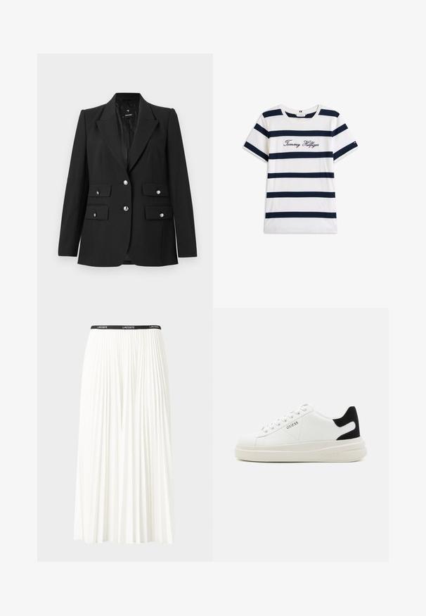 Svart blazer laget av glatt stoff, med notched krage, to knappelukkinger og to frontlommer med klaff med blanke sølvknapper.; Koftet laget av bomull har horisontale marineblå striper på hvit bakgrunn. "Tommy Hilfiger" brodert i kursiv på brystet. Rund hals.; Plissert hvit skjørt med en svart elastisk midje som har "LACOSTE"-logoen. Midjelengde design med myk tekstur.; Hvite lær sneakers med tykk hvit såle, svart semsket hælforsterkning og preget logo på siden. Snøresystem med seks hull.