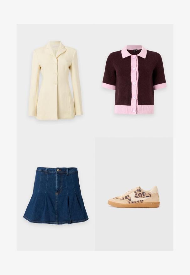 Svetlo krémový blejzer s klopovým golierom, s jedným gombíkom a tromi gombíkmi; obsahuje bočné vrecká a má štruktúrovaný strih.; Krátky rukáv kardigán v tmavo hnedej pletenine, s bledoružovým golierom a záhybom na gombíky, s kontrastným ružovým lemom a manžetami.; Čierny top s krátkym rukávom a okrúhlym výstrihom, s výrezom a viazaním vpredu. Vyrobené z jemného, ľahkého materiálu.; Džínová sukňa v tmavomodrej farbe, s plisovaným dizajnom, piatimi vreckami, predným zapínaním na gombík a kontrastnými švami.; Tenisky s leopardím vzorom, s béžovým semišovým zvrškom, svetlohnedou gumovou podrážkou a bielymi akcentmi. Okrúhla špička a šnurovací dizajn s textúrovaným povrchom.