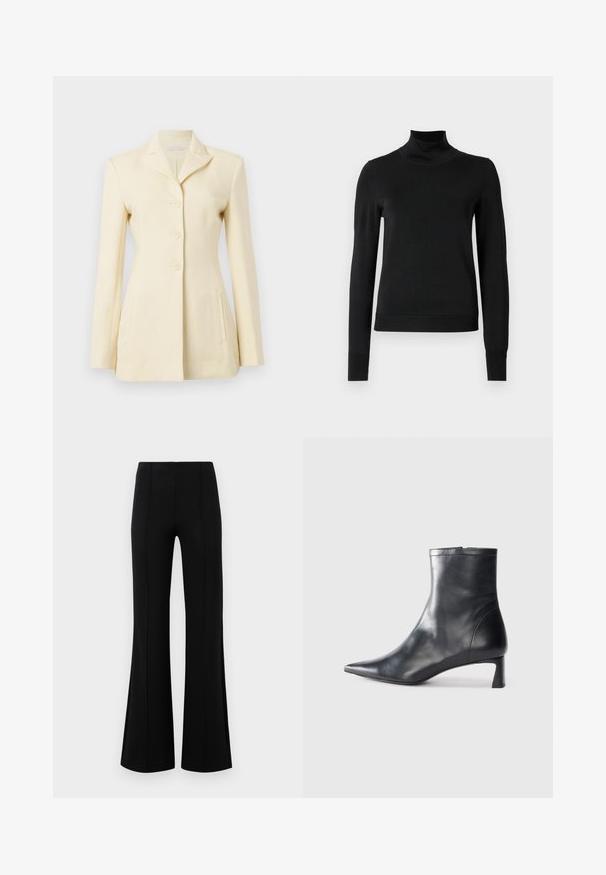 Blazer de cor creme com colarinho em bico, design de botão único e três botões; inclui bolsos laterais e um corte estruturado.; Sweater preto de manga longa com gola alta, com punhos e bainha canelados, exposto em um fundo branco liso.; Calças pretas de boca de sino com uma cintura alta, feitas de um tecido elástico. Apresentam detalhes de costura vertical na frente e uma textura suave.; Bota de tornozelo em pele preta com biqueira apontada e um design elegante. Apresenta um salto baixo e um fecho com zipper na parte de trás. Textura suave.