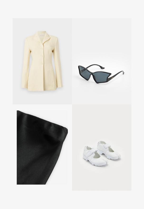 Krämfärgad kavaj med slagkrage, enkelknäppt design och tre knappar; inkluderar sidofickor och strukturerad passform.; Vit ärmlös topp med V-ringning, texturerat tyg och knytning i midjan. Slät nederkant och avslappnad design, lämplig för varmt väder.; Svart tyg med en slät textur, med en vikt kant. Materialet har en svag lyster och en enhetlig yta utan mönster eller dekorationer.; Vitaididra skor med texturerad ovandel, justerbart kardborreband, rund tå och en kraftig sula med distinkt mönster.; Svarta plastsolglasögon med geometrisk kattöga-form, grå linser och guldbeklädnader på bågarna. Slät yta över hela ramen.