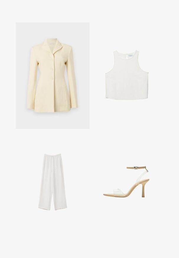 Vaaleankermanvärinen bleiseri, jossa on viistetyt kaulukset, yksirivinen malli ja kolme nappia; sisältää sivutaskut ja muotoiltu istuvuus.; Valkoinen hihaton paita, jossa on pyöreä pääntie, hienovarainen tekstuuri, avaustakki ja suora helma.; Valkoiset leveälahkeiset housut kevyestä kankaasta. Ominaisuuksiin kuuluu elastinen vyötärö, jossa on nauhakuuluma ja sivutaskut. Sileä rakenne.; Kirkas korkokenkä läpinäkyvällä varrella, beigellä pohjalla ja hoikalla nilkkahihnalla. Ominaisuuksiin kuuluu terävä kärki ja ohut korkea korko.