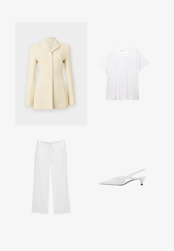 Blazer de culoare crem, cu guler crenelat, design cu un singur rând de nasturi și trei nasturi; include buzunare laterale și o croială structurat.; Tricou alb dintr-un material moale și ușor. Prezintă un decolteu rotund și mâneci scurte, largi, cu un croi lejer. Fără modele vizibile.; Pantaloni albi cu picioare largi, confecționați dintr-un material moale, având o talie elastică cu șnur și două buzunare laterale. Design simplu și curat.; Sandale albe cu toc slingback și vârf ascuțit, având un upper neted, decupaje subtile și un toc bloc mic. Talpa neagră accentuează designul.