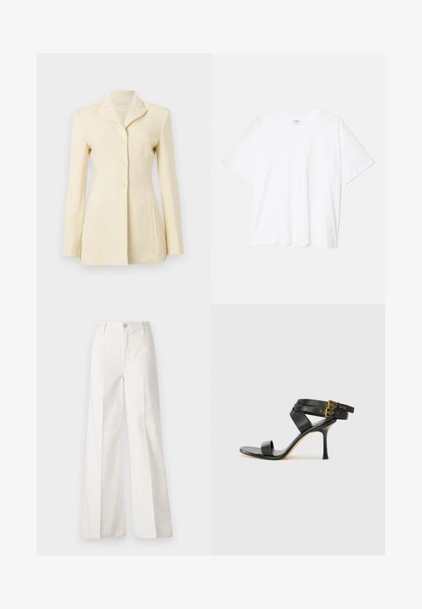 Blazer de cor creme com colarinho em bico, design de botão único e três botões; inclui bolsos laterais e um corte estruturado.; T-shirt de algodão branco com mangas curtas, decote redondo, corte descontraído e bainha cosida. Etiqueta visível no interior do pescoço.; Calças largas brancas feitas de algodão com uma textura suave. Apresenta um botão frontal, fecho de correr e um design de quatro bolsos.; Sandal preto de salto alto com tiras cruzadas e fivela ajustável. Apresenta uma textura suave e um salto agulha afilado.