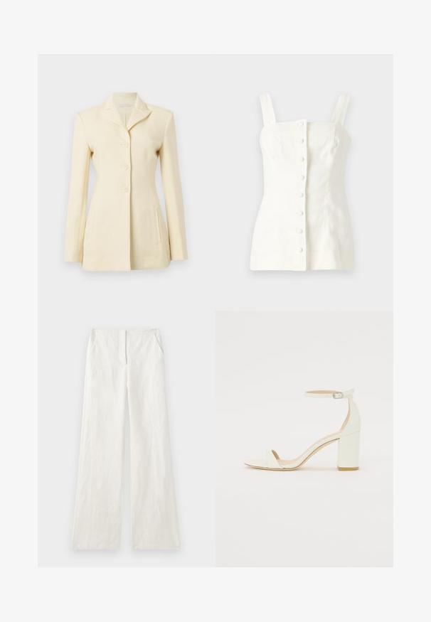 Cream-colored blazer featuring a notched collar, single-breasted design, and three buttons; includes side pockets and structured fit.; White linen sleeveless top featuring a fitted silhouette, front button closure with five buttons, and straight straps.; Wide-leg linen trousers in off-white, featuring a smooth texture, front pleats, and side pockets. Simple, unadorned design.; White leather block-heel sandal featuring an ankle strap with a buckle and minimalist design. Open toe and smooth textures throughout.