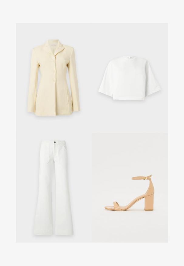 Blazer v kremni barvi z izrezom, enojnim zapenjanjem in tremi gumbi; vključuje stranske žepe in strukturiran kroj.; Bela skrajšana majica s sproščenim krojem, kratkimi širokimi rokavi, okroglim izrezom in stranskimi razporki, izdelana iz mehkega bombažnega materiala.; Bela zvonasta hlače iz tkanine, z pletenim pasom, dvema sprednjima žepoma in gladko teksturo. Zapenjajo se z črnim gumbom.; Nude lakirane sandale s peto, kvadratnim vrhom, trakico okoli gležnja in debelim blok petam. Gladka tekstura in minimalni oblikovni detajli.