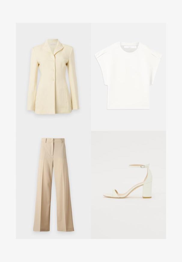 Kremo spalvos švarkas su šauniuoju apykakle, vienu mygtuku ir trimis mygtukais; turi šonines kišenes ir struktūruotą siluetą.; Balta kvadratinė marškinė su trumpomis rankovėmis. Pagaminti iš lygaus audinio, turi apvalią iškirptę ir subtilias pečių akcentus. Paprastas dizainas.; Smėliniai plačių kojų kelnių pagamintos iš lygaus audinio, su plokščiu priekiu su klostėmis, užtrauktuku ir kilpomis diržui. Visapusiškai pritaikyta forma.; Baltos odos blokinio kulno sandalai, su kulkšnies dirželiu ir sagtimi, minimalistinio dizaino. Atvira pirštų dalis ir sklandžios tekstūros visoje.