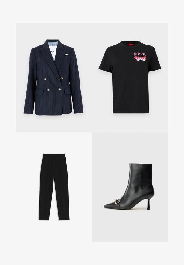 Blazer croisé à rayures navy, avec des revers en pointe, des boutons dorés et deux poches avant, fabriqué en tissu texturé.; T-shirt en coton noir à manches courtes avec un graphique rose de lunettes de soleil et le texte "Not Your Girl" sur la partie gauche de la poitrine.; Pantalon noir à coupe droite, avec des plis doubles, une texture lisse et un design de taille classique. Pas de matériel ou d'accents visibles.; Bottine en cuir noir avec un bout pointu, un talon moyen fin et un détail de boucle en argent sur le côté, se détachant sur un fond uni.