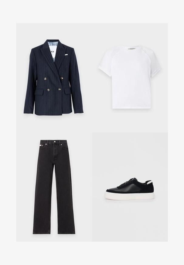 Blazer duplo em riscas navy, com lapelas notched, botões em tom dourado e dois bolsos frontais, confeccionado em tecido texturizado.; T-shirt de algodão branco com decote redondo, mangas raglan curtas e um corte descontraído. Textura suave sem padrões ou acentos visíveis.; Jeans de perna larga pretos feitos de denim, apresentando uma cintura alta, estilo de cinco bolsos e um fecho em botão de metal com costura contrastante.; Sapatilha preta com painéis de pele lisa e camurça, atacadores planos, bico arredondado e sola de borracha branca. Logótipo distinto no calcanhar.