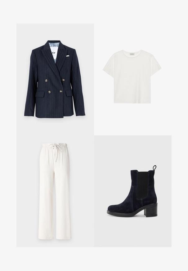 Marineblauwe krijtstreep double-breasted blazer, met notch-lapellen, knopen in goudkleur en twee voorzakken, vervaardigd uit textuurstof.; Witte T-shirt met korte mouwen, gemaakt van zachte katoen. Heeft een ronde halslijn en een relaxte pasvorm. Schoon ontwerp zonder zichtbare patronen of accenten.; Witte wijde broek van zacht materiaal, met een tailleband met trekkoord en een gladde textuur. Geen patronen of versieringen zichtbaar.; Marineblauwe suède enkellaars met elastische zijpaneel, ronde neus en blokhak. Gemêleerd weefsel en een gladde zool voegen contrast toe.