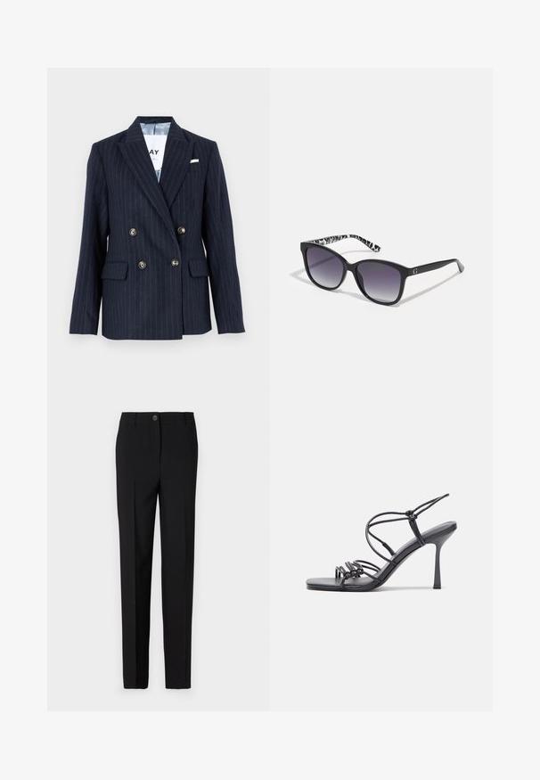 Laivastonsininen raidoitettu kaksirivinen bleiseri, jossa on uurteet lapelikaulukset, kultasävyiset napit ja kaksi etutaskua, valmistettu teksturoidusta kankaasta.; Leopardikuvioinen pitkähihainen paita, jossa on korkea kaula, valmistettu joustavasta kankaasta. Hihnassa on vaalea pohja ruskeilla pilkuilla. Sileä rakenne, tiukka malli.; Mustat muotolahkeiset housut, joissa on suora lahkeiden muotoilu, varustettuna nappikiinnityksellä ja vyölenkeillä, valmistettu sileästä kankaasta.; Mustat korkokengät sandaalit, joissa on ohuet hihnat solmittuna, sileä neliön muotoinen varvasosa ja tyylikäs stiletto-korko.; Mustat aurinkolasit, joissa on gradient-linssit, neliömäinen muoto ja teksturoitu musta-valkoinen kuviointi temppeleissä. Varustettu hopeisella logo-yksityiskohdalla.; Hopehopeet hopehopeet hopehopeet hopehopeet, jolla on sileä, kiiltävä pinta. Pyöreä muoto, kevyt rakenne, jossa on neulakiinnitys.