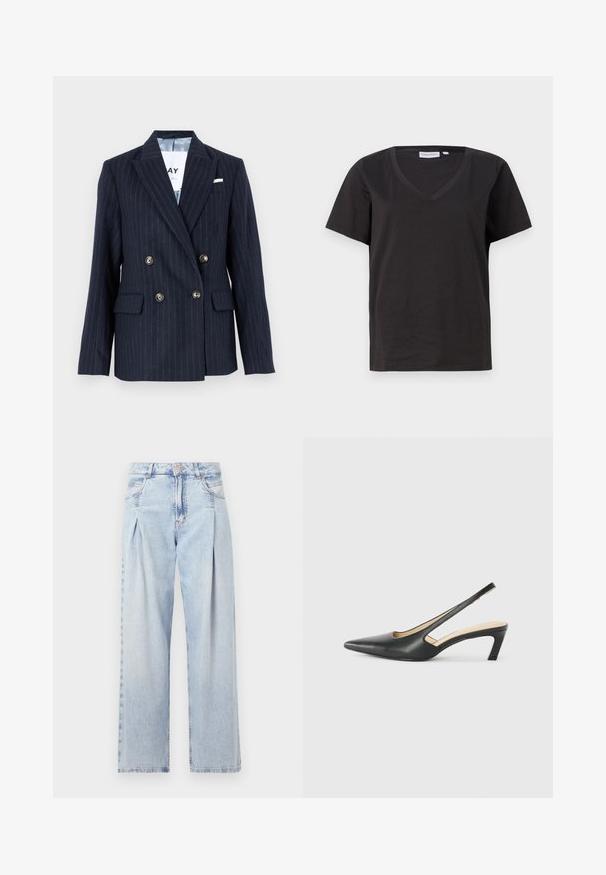 Jūras spēku pinstripe dubultais žakets, ar noapaļotiem lapu galiem, zelta tonētiem pogām un divām priekšējām kabatām, izgatavots no teksturēta auduma.; Melnas kokvilnas T-krekls ar V veida kakla izgriezumu un īsām piedurknēm. Vienkāršs dizains ar regulāru piegriezumu un bez rakstiem vai akcentiem.; Gaiši zilas džinsu bikses ar augstu jostasvietu, plats kāju griezumu, divām sānu kabatām un krokotā dizaina akcentiem. Mīksta tekstūra ar izdilušu apdari.; Melna, ar smailu purngalu, slingback kurpe ar zemu papēdi, izgatavota no gludas ādas materiāla un ar izgriezumiem sānos gaisa caurlaidībai.