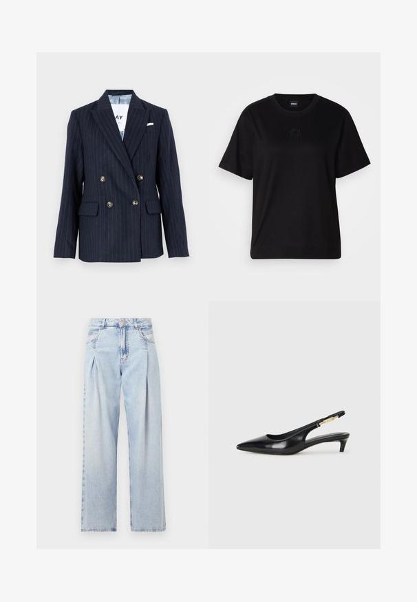 Jūreivio stiliaus smėlio juostelėmis dvigubo breasted švarkas, su išpjautomis apykaklėmis, auksinės spalvos mygtukais ir dviem priekinėmis kišenėmis, pagamintas iš tekstūruoto audinio.; Juodas medvilninis marškinėliai su apvalia iškirpte, trumpomis rankovėmis ir siuvinėjimu ant krūtinės. Paprastas, laisvas siluetas be raštų.; Šviesiai mėlyni džinsai su aukštu liemeniu, plačiomis kojomis, dviem šoninėmis kišenėmis ir raukinių dizainu. Minkšta tekstūra su nudilusia apdaila.; Juodas odinis pavasario batelių modelis su smailiu nosiu, turintis siaurą kulniuką ir auksinės spalvos akcentu reguliuojamoje juostoje. Lygi tekstūra.