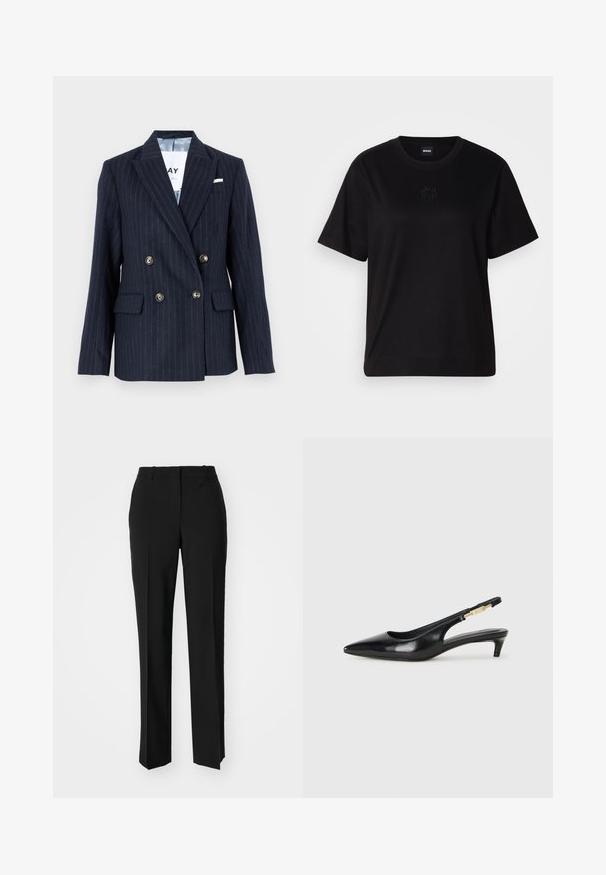 Blazer croisé à rayures navy, avec des revers en pointe, des boutons dorés et deux poches avant, fabriqué en tissu texturé.; T-shirt en coton noir avec un col rond, des manches courtes et un logo brodé sur la poitrine. Coupe simple et décontractée sans motifs.; Pantalon noir ajusté avec une coupe droite, présentant une texture lisse et des plis nets sur le devant. Aucune quincaillerie visible.; Talons hauts en cuir noir avec un bout pointu, dotés d'un talon fin et d'un accent en ton or sur la lanière réglable. Texture lisse.