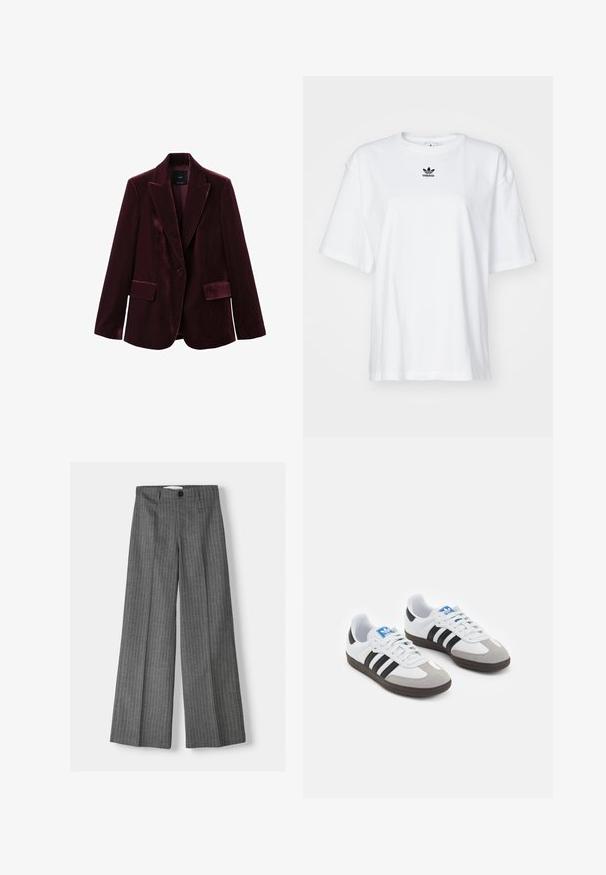 Burgundin samettitakki, jossa on uurrettu kaulus, yksi nappisuljenta ja kaksi etutaskua. Takki on sileä ja pehmeä rakenne.; Valkoinen lyhythihainen t-paita, joka on valmistettu puuvillasta. Siinä on pyöreä kaula-aukko ja pieni musta Adidas-logo rinnassa. Suora helma.; Harmaat leveät housut, joissa on pinnastripe-kuvio, napilla suljettavat ja kaksi etutaskua. Valmistettu tekstuuripinnoitteisesta kankaasta.; Urheilukengät, joissa on valkoinen nahkainen päällinen, harmaa mokkanokka ja kolme mustaa raitaa. Ominaisuuksina sininen logo kielekkeessä ja kuvioitu kumipohja.