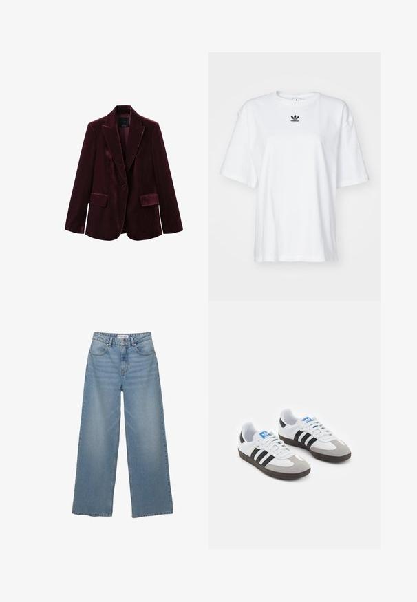 Burgundowa aksamitna marynarka z wyciętym kołnierzem, jednopunktowym zapięciem i dwoma przednimi kieszeniami o gładkiej, miękkiej fakturze.; Biała, krótko rękawowa koszulka z bawełny. Posiada okrągły dekolt oraz małe, czarne logo Adidas na klatce piersiowej. Proste zakończenie.; Jasnoniebieskie jeansy typu wide-leg wykonane z denimu. Posiadają wysoką talię, pięć kieszeni oraz prosty krój z minimalnym wyblaknięciem.; Buty sportowe z białą skórzaną cholewką, szarym zamszowym noskiem i trzema czarnymi paskami. Posiadają niebieskie logo na języku oraz teksturowaną gumową podeszwę.