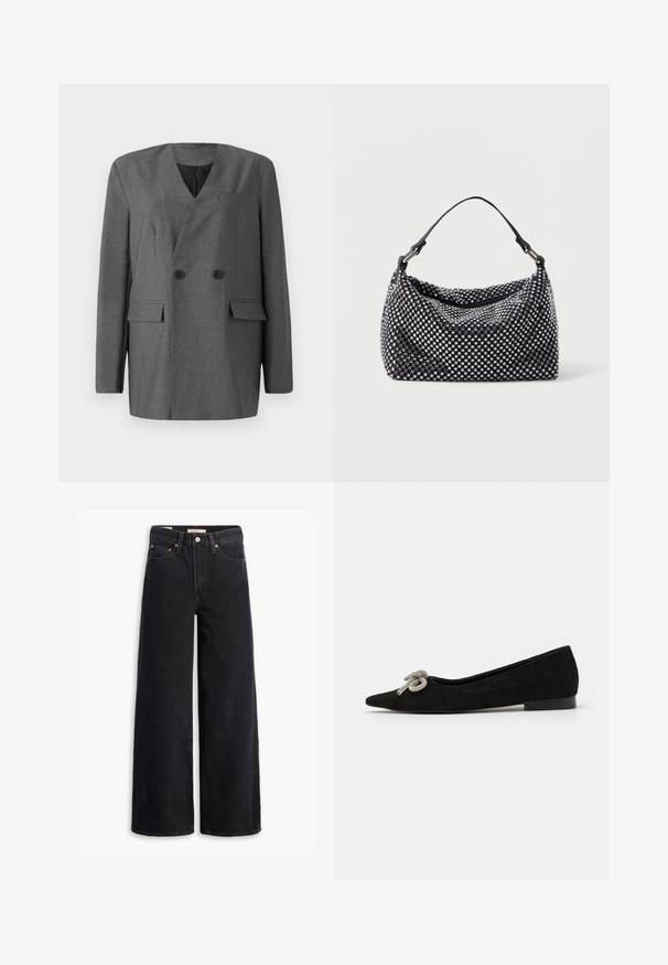 Pelēks dubultais žakets ar V formas dekoltē, divām priekšējām kabatām un pogu akcentiem. Izgatavots no smalkas tekstūras auduma.; Tumši pelēkas bezpiešu topiņš ar savītu dizainu plecā, izgatavots no gludas auduma, ar pieguļošu formu un tīru apakšmalu.; Melni platā kāju džinsi, kas izgatavoti no denima, ar piecām kabatām, vara kniedēm un klasisku pogu aizdari. Gluda tekstūra ar vienkāršu dizainu.; Melnas zamšādas plakana kurpe ar smailu purngalu, priekšpusē rotāta ar dekoratīvu sudraba loku, ar zemu papēdi.; Melnā un sudraba rokassoma ar pārpītu, teksturētu virsmu, kas iezīmē kvadrātveida rakstus, vienu augšējo rokturi un brīvi krītošu dizainu.