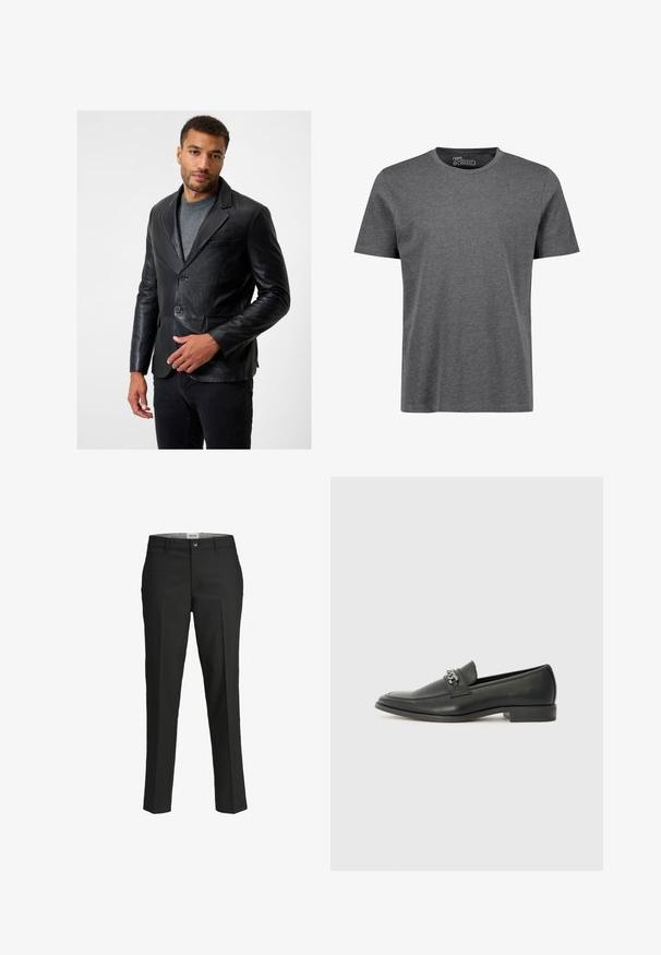 Sort læderblazer med spidslapeller, to knapper og en enkelt brystlomme; båret over en grå sweater med en glat tekstur.; Grå, regular-fit T-shirt med korte ærmer lavet af blødt stof. Har en rund halsudskæring og skuldersøm med minimal syning.; Sorte bukser, skræddersyet pasform, glat stof, mellemhøj talje, frontknaplukning, skrå lommer og pressefoldsdetaljer ned ad benene.; Sorte læder loafers med en glat finish, der har et syet design og et dekorativt metal kædeaccent hen over vamps. Flad hæl.