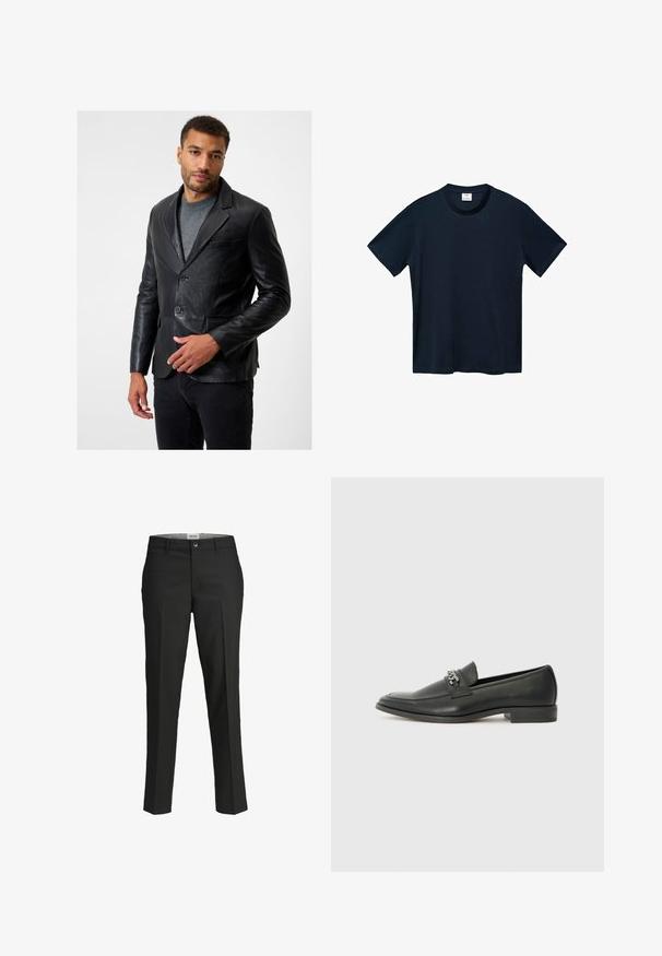 Schwarze Lederblazer mit Reverskragen, zwei Knöpfen und einer einzelnen Brusttasche; über einem grauen Pullover getragen, mit glatter Textur.; Navyblaues T-Shirt mit kurzen Ärmeln aus weicher Baumwolle, mit Rundhalsausschnitt und geradem, sauberen Saum ohne sichtbare Muster.; Schwarze Hosen, taillierte Passform, glattes Material, mittelhoher Bund, vorderer Knopfverschluss, schräge Taschen und Bügelfalten entlang der Beine.; Schwarzer Lederloafer mit glatter Oberfläche, ausgestattet mit einer gesteppten Gestaltung und einem dekorativen Metallkettendetail über dem Vorderblatt. Flacher Absatz.