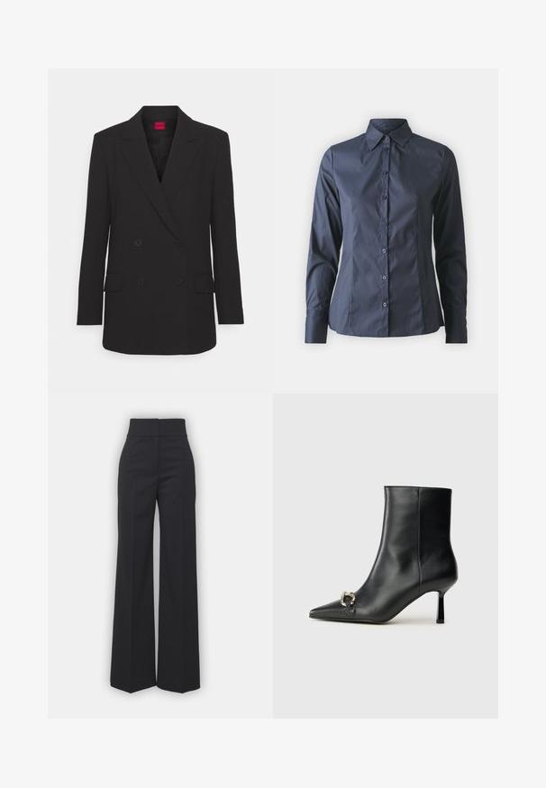 Črn dvojno zaprt žakard z reženjskimi ovratniki, dolgimi rokavi, dvema sprednjima žepoma in mat površino. Ima skrito zapiralo s gumbi.; Mornarsko modra majica z dolgimi rokavi, s sprednjim gumbom, s koničastim ovratnikom in prilega se telesu. Narejena iz gladkega, lahkega materiala.; Široke hlače iz črnega blaga z visokim pasom, s čisto obdelavo in gladko teksturo. Brez vidnih dodatkov ali vzorcev.; Črne usnjene gležnjarje s koničastim nosom, ozkim srednjem petam in srebrno zaponko na strani na enobarvni podlagi.