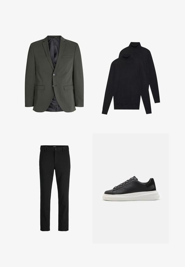 Alyvuogių žalia švarkas, pagamintas iš lygaus audinio, su vienu mygtuku, notch apykakle ir dviem priekinėmis kišenėmis. Sūnus pamušalas.; Du mėlynos ilgomis rankovėmis golfo megztiniai, paprasta mezgimo, supilti vienas ant kito, vienas šiek tiek už nugaros, ant baltos fono.; Juodos kelnės, pagamintos iš švelnaus audinio, pasižyminčios klasikiniu dizainu, tiesiu kirpimu, priekiniais mygtukais ir šoninėmis kišenėmis.; Juodos odinės sportbačiai su balta guma padanga, su plokščiomis raiščiais ir firminiais skylutėmis. Minkšta tekstūra su kontrastingu šonu akcentu.