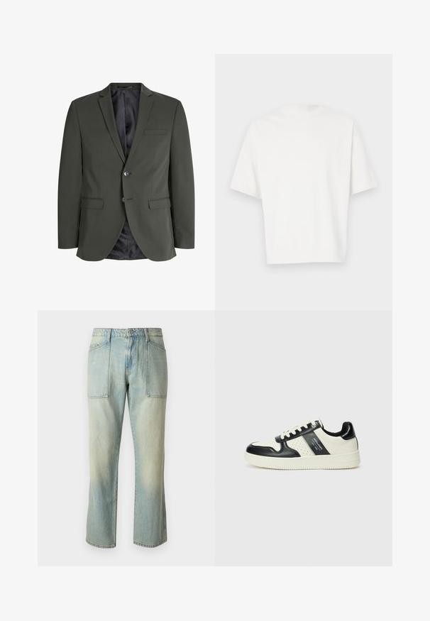 Olivovo zelený blazer vyrobený z hladkej tkaniny, so zapínaním na jeden gombík, klopami a dvoma prednými vreckami. Podšívkovaný interiér.; Biela tričko s krátkym rukávom vyrobené z jemnej tkaniny. Okrúhly výstrih, voľný strih a jednoduchý dizajn bez ozdôb alebo vzorov.; Svetlomodré denimové nohavice so strihom rovného noha, viditeľným šitím a dvoma veľkými prednými vreckami. Textília má vyblednutú štruktúru.; Kožené tenisky v čierno-krémovej farbe, s perforovanými akcentmi, polstrovaným golierom a štruktúrovanou podrážkou.