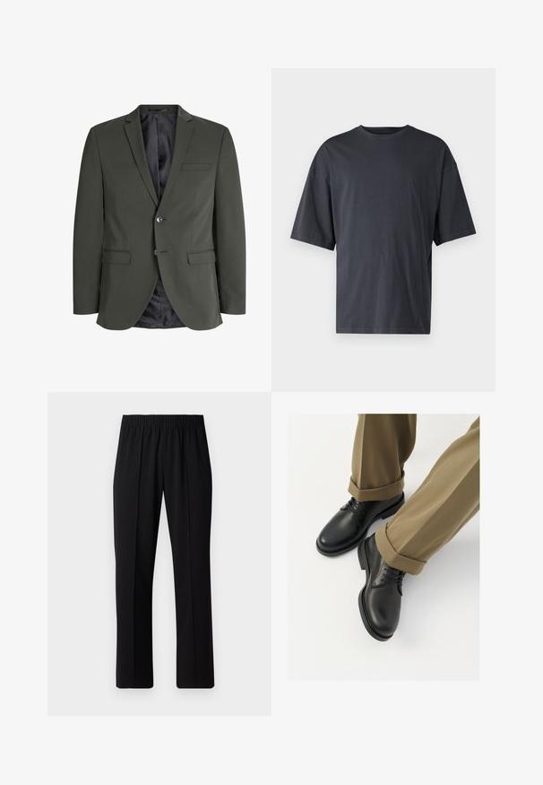 Olive green blazer made of smooth fabric, featuring a single-button closure, notch lapels, and two front pockets. Lined interior.; Dark gray short-sleeve t-shirt made of lightweight cotton, featuring a loose fit and classic crew neckline, with plain texture and no patterns.; Black, elastic-waist trousers with a straight-leg design, featuring a smooth texture and no visible patterns or hardware.; Black leather dress shoes with a smooth finish, featuring laces and a rounded toe, paired with rolled-up khaki trousers.