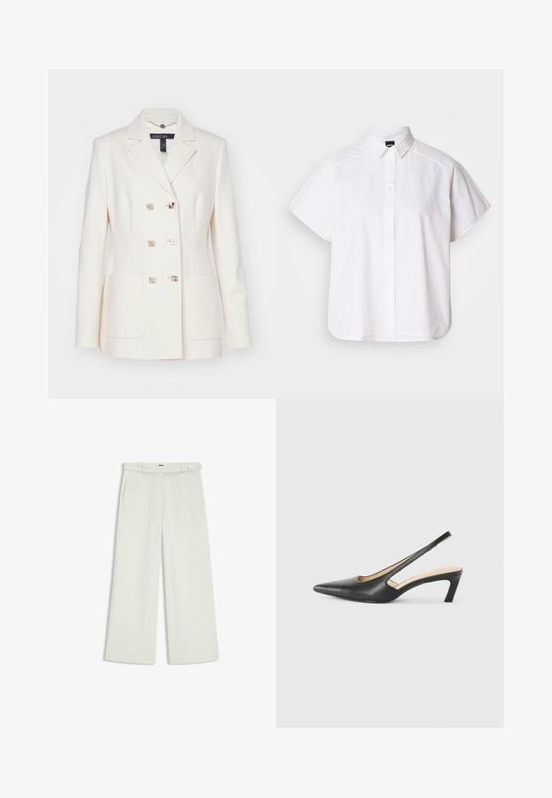 Double-breasted cream blazer made of smooth fabric. Features metallic square buttons and two front pockets. Notched collar design.; White short-sleeve button-up shirt with a pointed collar and curved hem. Made from cotton with a smooth texture and no visible patterns.; Wide-leg pants in light cream fabric, featuring side pockets, a flat front, and a single button closure at the waist. Smooth texture.; Black pointy-toed slingback shoe with a low heel, featuring smooth leather material and cut-out design on the side for breathability.