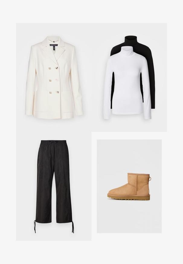 Dubbelzijdig crèmekleurig blazer van gladde stof. Voorzien van metalen vierkante knopen en twee voorzakken. Met een uitgesneden kraagontwerp.; Twee lange mouwen turtleneck tops, één wit en één zwart, gemaakt van een gladde, rekbare stof, beide met een slank passend ontwerp en hoge kraag.; Zwarte, losvallende broek met een elastische tailleband en verstelbare koorden bij de enkels. Glad stof met een subtiele glans.; Tan suède enkellaars met ronde neus, gestikte details, trekhaak aan de achterkant en een gestructureerde rubberen zool. Ontworpen voor comfort en warmte.