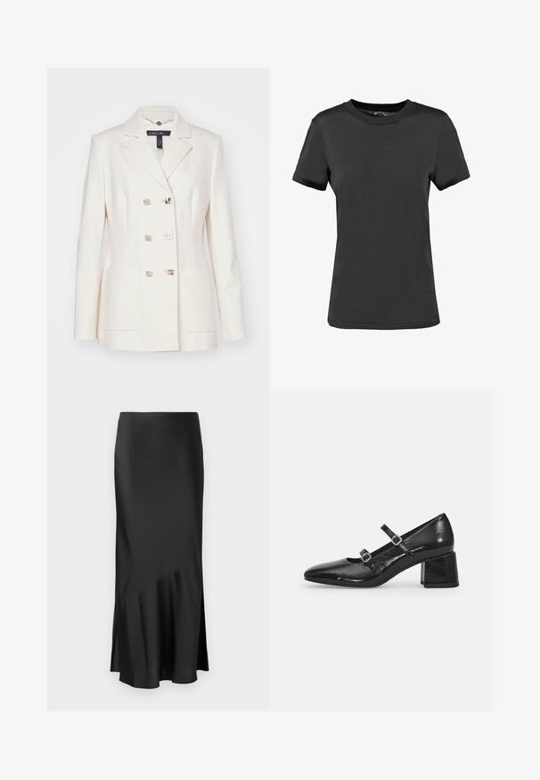 Dvojradový krémový blejzer vyrobený z hladkej tkaniny. Obsahuje kovové štvorcové gombíky a dva predné vrecká. Dizajn so zaobleným golierom.; Čierne tričko s krátkym rukávom vyrobené z hladkej tkaniny. Má okrúhly výstrih bez viditeľných vzorov alebo akcentov, poskytujúce jednoduchý dizajn.; Čierna saténová midi sukňa s elegantným dizajnom, so slabým rozšírením na okraji a bočným rozparkom pre pohodlie pri pohybe. Hladká textúra.; Čierne lakované Mary Jane topánky s špicatou špičkou, dvoma nastaviteľnými popruhmi a hrubým blokovým opätkom. Hladká textura a lesklý povrch.