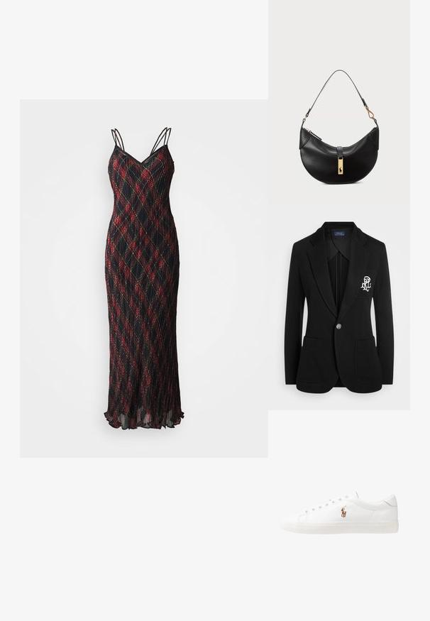 Czarna marynarka wykonana z teksturowanej tkaniny, z pojedynczym zapięciem na guzik, dwoma przednimi kieszeniami oraz wyhaftowanym logo na lewym brzegu.; Czarna sukienka bez rękawów z cienkimi ramiączkami, z czerwono-zieloną kratką, plisowaną teksturą i rozszerzanym dołem.; Białe skórzane sneakersy, niskoprofilowy design, charakteryzujące się gładką fakturą, okrągłym noskiem, sznurowanym przodem i małym haftowanym logo z boku.; Czarna skórzana torebka w kształcie półksiężyca. Ma złote akcenty i wąski pasek. Gładka tekstura, zamek błyskawiczny na górze.