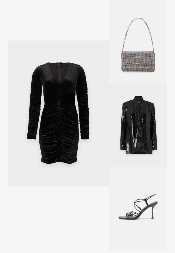 Mustasilmäinen bleiseri, jossa on teksturoitu, kiiltävä pinta ja shaalikaulus. Avoin etuosa, muotoiltu leikkaus ja vuoraamaton sisus.; Musta samettimekko, jossa on pitkät puff-hihat, syvä V-pääntie ja rypistyksellä varustettu etuosa. Vetoketjusulku takana. Sujuva pinta.; Mustat korkokengät sandaalit, joissa on ohuet hihnat solmittuna, sileä neliön muotoinen varvasosa ja tyylikäs stiletto-korko.; Vaalea harmaa metallinen käsilaukku, jossa on ketjusanka. Laukku on koristeltu pienillä pyöreillä metallikoruilla ja kolmion muotoisella brändilogolla.
