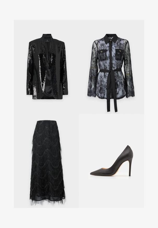 Blazer nero con paillettes, caratterizzato da una superficie texturizzata e lucida, e colletto a scialle. Design aperto sul davanti, forma sartoriale e interni non foderati.; Blusa nera in pizzo con maniche lunghe, tasche sul petto con bottoni, colletto classico e una cintura in tessuto legata in vita. Design trasparente.; Gonna midi nera con frange a strati e motivi a onda. Realizzata in materiale trasparente con accenti scintillanti lungo i bordi.; Décolleté nera in pelle con tacco alto, punteggiato e dalla texture liscia, caratterizzata da un tacco sottile e un design minimalista.