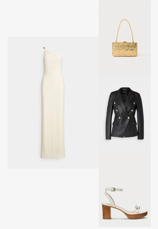 Black leather double-breasted jacket with gold button accents, notched lapels, and two front pockets, featuring a tailored fit and structured shape.; Fitted, one-shoulder gown in cream fabric. Draped bodice with a subtle sheen and decorative hardware accent on the shoulder. Floor-length design.; White leather sandal with an ankle strap and a silver buckle. Features a stacked wooden block heel and a smooth platform.; Gold sequin clutch with a rectangular shape, featuring a twisted chain handle and a metal clasp closure, reflecting light with a textured finish.