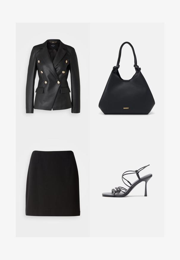 Črna usnjena dvojna jakna z zlatimi gumbkami, z ovratnikom in dvema sprednjima žepoma, s krojem, ki se prilega telesu in strukturo.; Črn satenast top s halter vratnim izrezom z nabranim materialom okoli izreza in gladko, tekočo zasnovo. Ravnina roba brez vidnih vzorcev ali akcentov.; Črna krila s prilegajočo silhueto, izdelana iz gladkega materiala. Opremljena je z diskretnimi sprednjimi naborki in je zasnovana do sredine stegna.; Črne visoke sandale na peto imajo tanke naramnice z vozlom, gladek kvadratni toe in eleganten stiletto peto.; Črna usnjena torba s teksturiranim finišem, z voščenimi ročaji in z zlatim logotipom na dnu. Ima sproščeno silhueto.