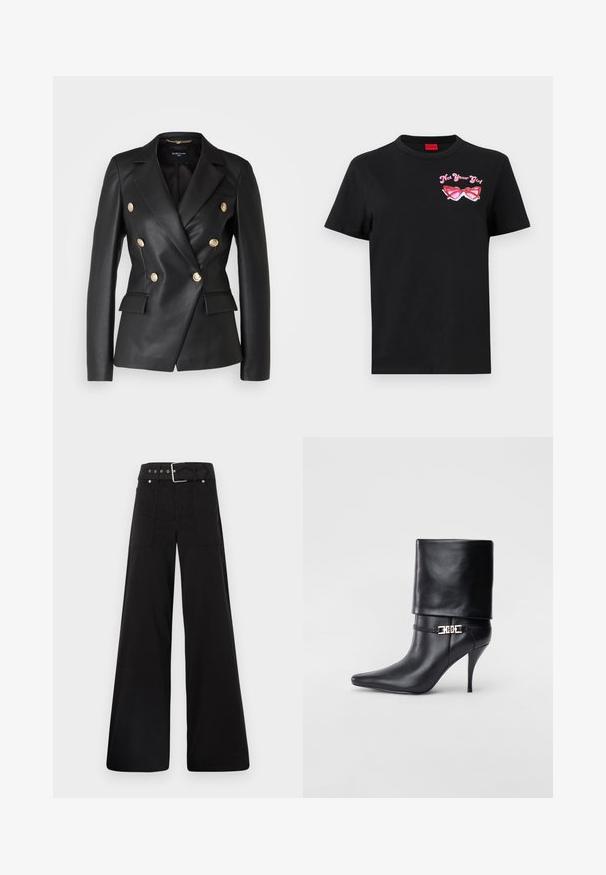Juodas odinis dvigubas švarkas su auksinėmis mygtukų detalėmis, išpjautais atlapais ir dviem priekinėmis kišenėmis, pasižymintis pritaikytu siluetu ir struktūrine forma.; Juodas medvilnės marškinėliai su trumpomis rankovėmis, kuriuose kairėje krūtinės pusėje pavaizduoti rožiniai akinių grafiką ir tekstas "Ne tavo mergina".; Juodos plačios kojų kelnės, pagamintos iš medvilnės, su aukšta liemene, didelėmis šoninėmis kišenėmis ir diržu, papuoštu sidabriniais akcentais.; Juodos odinės kulkšninių botų su smailiu nosiu, aukštu stiletto kulnu, apvyniojamu kraštu ir auksine dekoratyvine sagtimi prie kulkšnies.