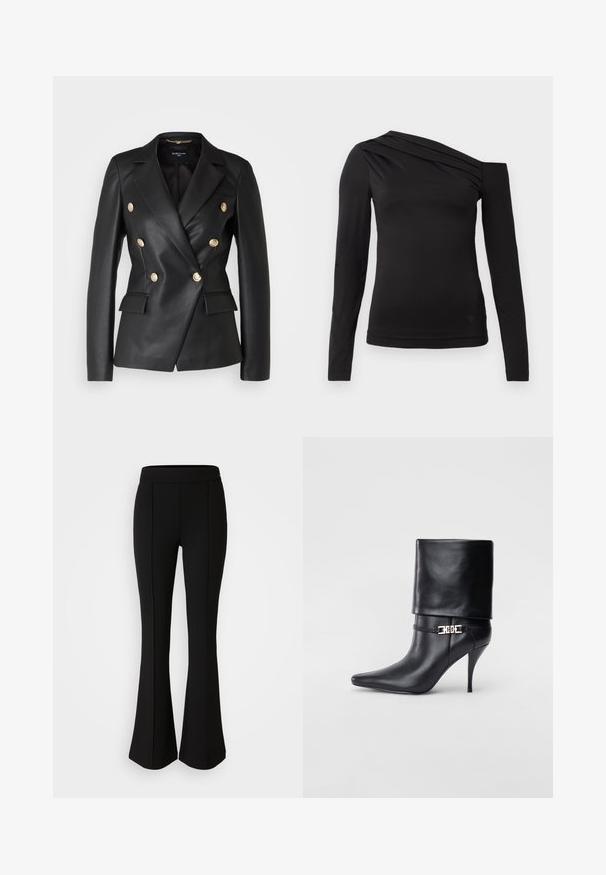 Crna kožna dvostrukog zatvaranja jakna s zlatnim dugmadi, reverima i dva prednja džepa, s krojem koji se prilagođava tijelu i strukturiranom obliku.; Crni dugi rukav vrh s asimetričnom izrezom, s jednim ramenom otkrivenim i nježnim drapiranjem preko grudnog dijela.; Crne raširene hlače izrađene od rastezljivog materijala s glatkom teksturom, s detaljima šava uz prednju stranu koji dodaju dizajnerski efekt.; Crna kožna gležnjača s šiljastim prstom, visokim stiletto potplatom, preklopnim rubom i zlatnom dekorativnom kopčom na gležnju.