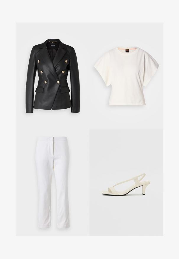 Fekete bőr, dupla soros kabát arany gombdíszítéssel, kifordított hajtókával és két elülső zsebbel, testre szabott fazonban és formális alakban.; Fehér, rövid, bő ujjú, crop szabású póló, puha pamut anyagból, kerek nyakkivágással, finom narancssárga díszítéssel, minimalista dizájn, minta vagy grafika nélkül.; Fehér pamut nadrág egyenes lábformával, közepes derékkal, látható fémrészek vagy minták nélkül. Sima textúra az egész anyagon.; Beige színű, blokksarkú szandálok vékony pántokkal és négyzet alakú orral. Simább anyag, minimális részletezéssel, amely könnyű viselésre lett tervezve.