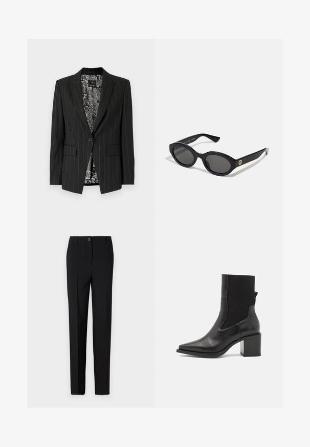 Sort stribet blazer med en tætsiddende silhuet, enkelt knaplukning og to forlommer. Foret med et slangeskindsprint.; Langærmet top med leopardprint og høj hals, lavet af strækbart stof. Har en tan-basis med brune pletter. Glat tekstur, tætsiddende design.; Sorte skræddersyede bukser med lige ben-design, der har en knaplukning og bæltestropper, lavet af glat stof.; Sort ankelstøvle med spids tå, lavet af glat læder og elastisk stof. Har en blokhæl og minimalistisk design.; Sorte ovale solbriller med mørke linser og blank plastramme. Har et guldlogo på stykket, hvilket giver et slankt og moderne design.; Blå mønstret håndtaske lavet af stof, med en buet form, sort læderrem og logodesign i en lysere skygge.