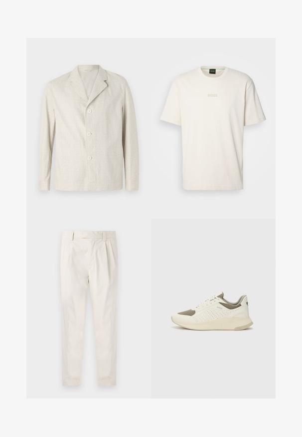 Ανοιχτό καφέ σακάκι κατασκευασμένο από υφασμάτινο υλικό, με πέτο κολλάρο και τρία κουμπιά μπροστά, με μακριά μανίκια και ευθύ τελείωμα.; BOSS TEE - Βασικό μπλουζάκι - open white; Λευκό, πτυχωτό παντελόνι με προσαρμοσμένη εφαρμογή, που διαθέτει λεία υφή, θηλύκια για ζώνη και κωνικά πόδια. Χωρίς ορατές τσέπες ή σχέδια.; Λευκό και ανοιχτό μπεζ αθλητικό παπούτσι, με επάνω μέρος από διχτυωτό υλικό, διακοσμήσεις με περφορέ και υφή στην ενδιάμεση σόλα με επωνυμία στη φτέρνα.