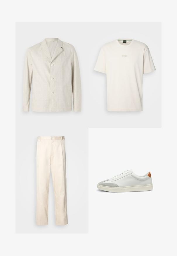 Vaaleanbeige takki, joka on valmistettu teksturoidusta kankaasta. Takissa on poimutettu kaulus ja kolme nappia edessä, pitkät hihat ja suora helma.; BOSS TEE - T-paita - open white; Vaaleanbeige puuvillahousut, joissa on suora lahje, varustettu nappisulkeisella ja etupuolella olevilla laskoksilla lisäyksinä.; Valkoiset nahkakengät, joissa on harmaat mikrokuituakkentit ja vaaleanruskea nahkakanta. Ominaisuuksiin kuuluu teksturoitu pinta ja kevyt pohja.