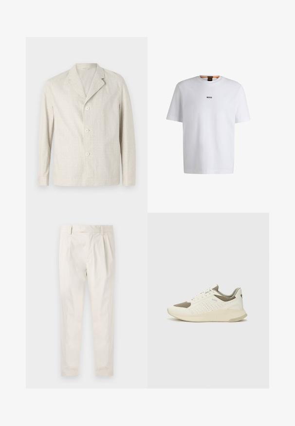 Lichtbeige jacket van textuurstof, met een ingesneden kraag en drie knopen aan de voorkant, met lange mouwen en een rechte zoom.; Witte katoenen T-shirt met korte mouwen, voorzien van een zwart "BOSS"-logo in het midden van de borst en een ronde halsontwerp.; Witte, geplooide broeken met een getailleerde pasvorm, met een gladde textuur, riemlussen en taps toelopende benen. Geen zichtbare zakken of patronen.; Witte en lichtbeige sport sneaker, met een bovenwerk van mesh, geperforeerde details en een gestructureerde tussenzool met branding op de hiel.