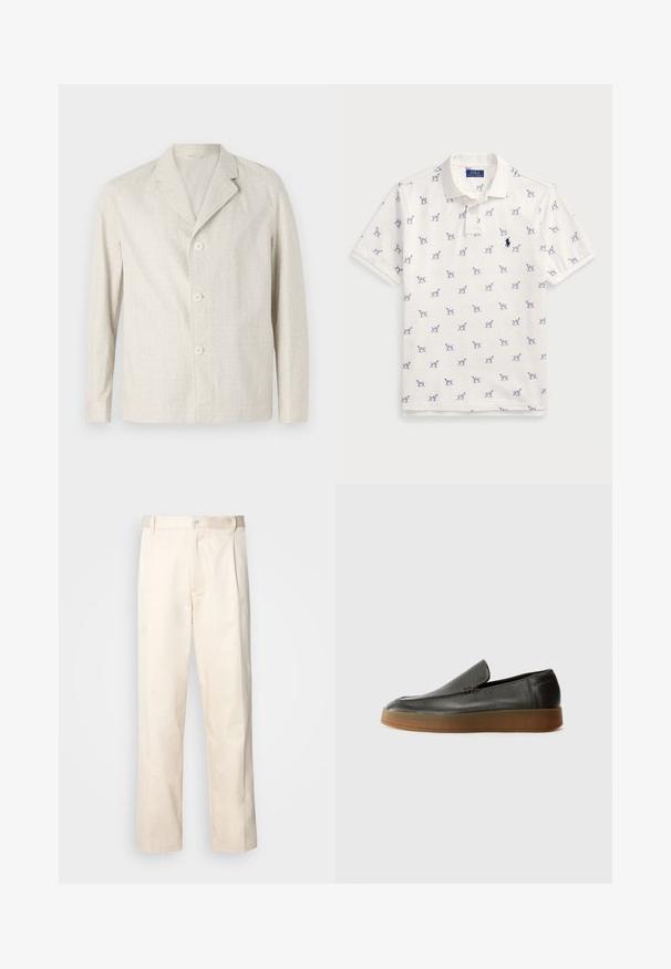 Gai beidzis žakete, kas izgatavota no teksturēta auduma, ar iegriezuma apkakli un trim pogām priekšpusē, ar garām piedurknēm un taisnu apakšmalu.; Balta polo krekls, kas izgatavots no kokvilnas, ar atkārtotu zilu suņu rakstu un mazu zilu logo uz krūšu daļas. Īsas piedurknes un apkakle.; Bežā krāsā auduma bikses ar taisnu kāju griezumu, pievienotām pogu aizdares un priekšējiem krokām papildu detaļām.; Calvin Klein HYBRID CUP - Mokasīni - after dark