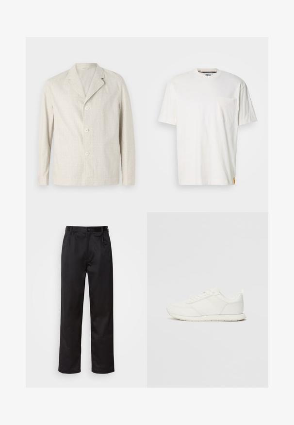 Jachetă de culoare bej deschis, realizată dintr-un material texturat, cu guler cu colțuri și trei butoane pe față, cu mâneci lungi și o margine dreaptă.; Tricou din bumbac alb, cu guler rotund, mâneci scurte și un buzunar pe pieptul stâng. Prezentă un mic etichetă cu logo pe cusătura laterală.; Pantaloni negri dintr-un material neted, cu închidere prin nasture frontal, pliseuri și picioare drepte. Fără modele sau accente vizibile.; Tenis alb cu un superior din plasă și material sintetic, vârf rotund, șireturi plate și o dungi texturată pe lateral. Talpă din cauciuc cu un tab la spate.
