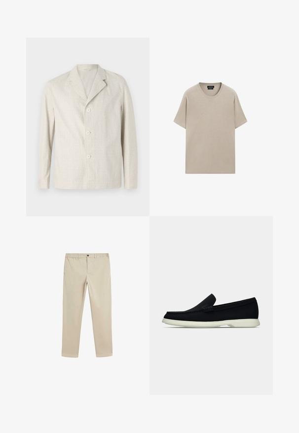 Jasno beżowa kurtka wykonana z teksturowanej tkaniny, z kołnierzem z klapami i trzema guzikami z przodu, długimi rękawami i prostym dołem.; Beżowy bawełnowy t-shirt z okrągłym dekoltem, krótkim rękawem i luźnym krojem. Gładka faktura z jednolitym wzorem, bez widocznych wzorów ani akcentów.; Beżowe bawełniane spodnie z elastycznym paskiem, zapięciem na guzik, prostym krojem nogawki oraz standardowymi kieszeniami po bokach i z tyłu.; Czarny pantofel wsuwany z okrągłym noskiem, charakteryzujący się teksturowanym wierzchem, gładką białą podeszwą oraz subtelnym detalem z logo po boku.