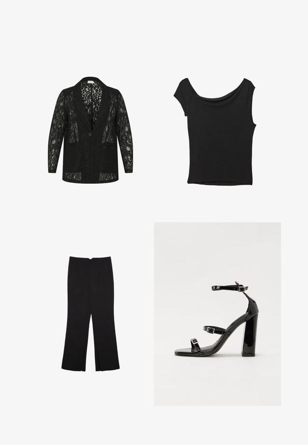Čierny krajkový blejzer s vykrojeným golierom, dvoma prednými vreckami, zapínaním na jeden gombík a priesvitným kvetinovým vzorom po celom povrchu.; Čierny krátky rukáv top vyrobený z hladkej tkaniny; má prehnutý výstrih a asymetrický lem, s priliehavým telom.; Čierne nohavice so strihom rovného strihu, s prednými vreckami a bočnými rozparkami na leme. Vyrobené z mäkkej, hladkej tkaniny. Vhodné na rôzne príležitosti.; Čierne lakované sandále na podpätku so štvorcovou špičkou, navlečenými remienkami okolo členku a striebornými prackami. Disponujú masívnym blokovým podpätkom pre stabilitu.