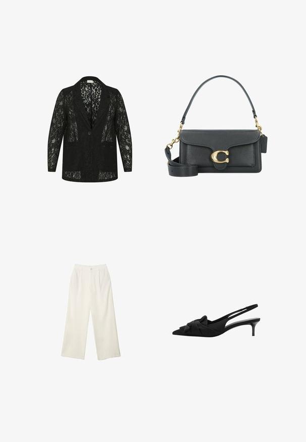 Blazer in pizzo nero con colletto a faccette, due tasche frontali, chiusura a singolo bottone e motivo floreale trasparente su tutta la superficie.; Camisola nera con sottili spalline regolabili, caratterizzata da un davanti drappeggiato e dettagli arricciati sul lato, realizzata in tessuto leggero.; Pantaloni a gamba larga in tessuto crema con una texture liscia, caratterizzati da un singolo bottone frontale, pieghe sottili e un design a vita alta.; Décolleté nere con cinturino alla caviglia, caratterizzate da una punta affusolata, dettaglio a fiocco sul collo del piede, tessuto texturizzato e un tacco sottile lucido da 3 pollici.; Borsa a tracolla in pelle nera con accessori in metallo dorato, dotata di una chiusura distintiva, di una tracolla rimovibile e di una superficie texturizzata.